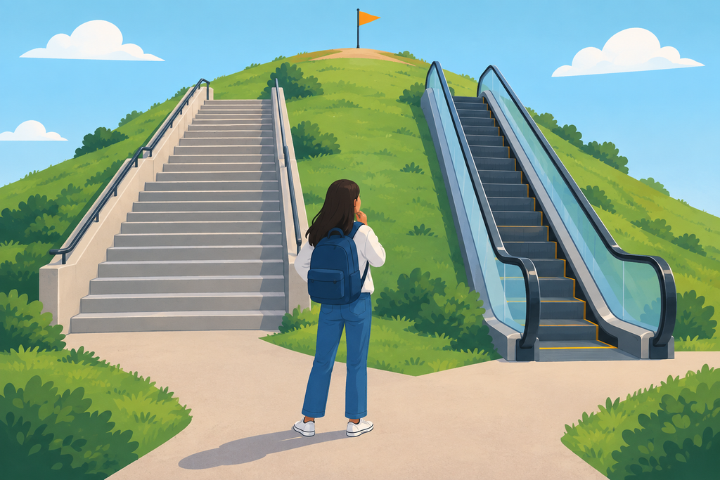 Cartoon image of a student choosing between taking the stairs or an escalator to summit a hill